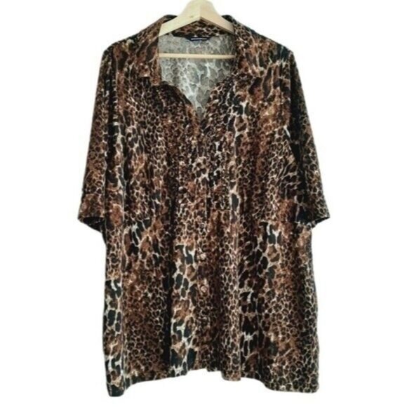 PENNINGTONS / Leopard Button Down Stretchy Blouse Ruffle Sz 4X - Picture 1 of 9